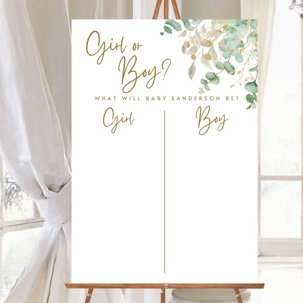 Baby Shower Girl or Boy Guess the Gender Game Gender Reveal Sign He or She Game Gender Neutral  greenery  Gold Font Baby Shower Poster GGE