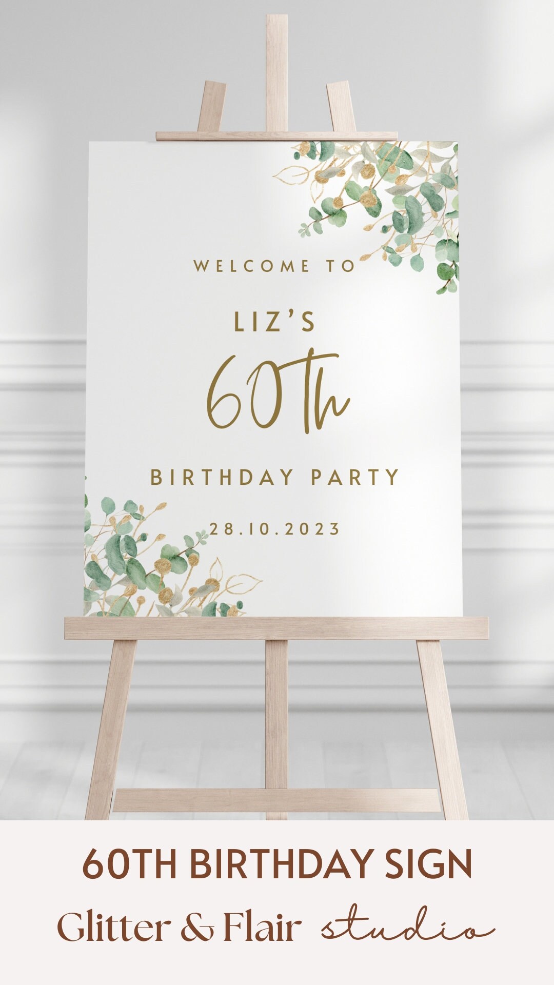 Personalised 60th Birthday Party Sign Green and Gold Custom Name 60th ...