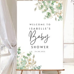 Personalized Baby Shower Welcome Sign Eucalyptus and Gold Portrait Greenery Custom Baby Shower Welcome Poster Watercolour Foliage Printed