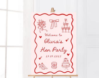 Personalised Hen Party Welcome Sign, Red & Pink Hand Drawn Design, Custom Hen Weekend Welcome Board Prosecco Wife of the Party Poster