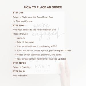 May include: A white informational card with dark brown text titled HOW TO PLACE AN ORDER. It lists four steps for ordering, including selecting a style, adding personalization details like names and dates, choosing a quantity, and adding to the basket.