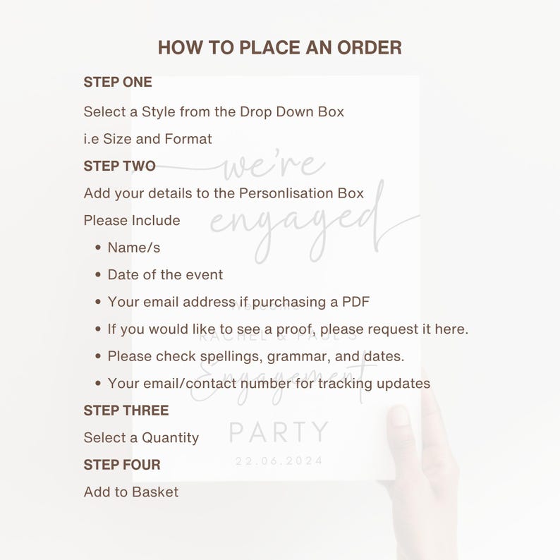 May include: A white informational card with dark brown text titled HOW TO PLACE AN ORDER. It lists four steps for ordering, including selecting a style, adding personalization details like names and dates, choosing a quantity, and adding to the basket.