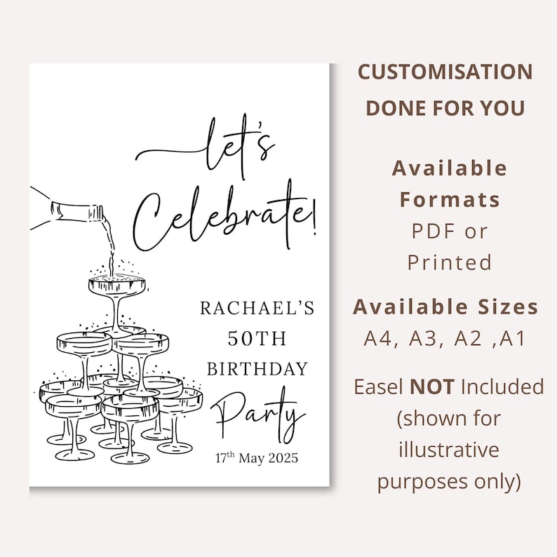 Puede incluir: Un cartel rectangular blanco con un dibujo lineal negro de una torre de copas de champ&aacute;n siendo llenada por una botella. El texto dice: let's Celebrate! RACHAEL'S 50TH BIRTHDAY Party 17th May 2025. A la derecha, opciones de personalizaci&oacute;n y tama&ntilde;os.