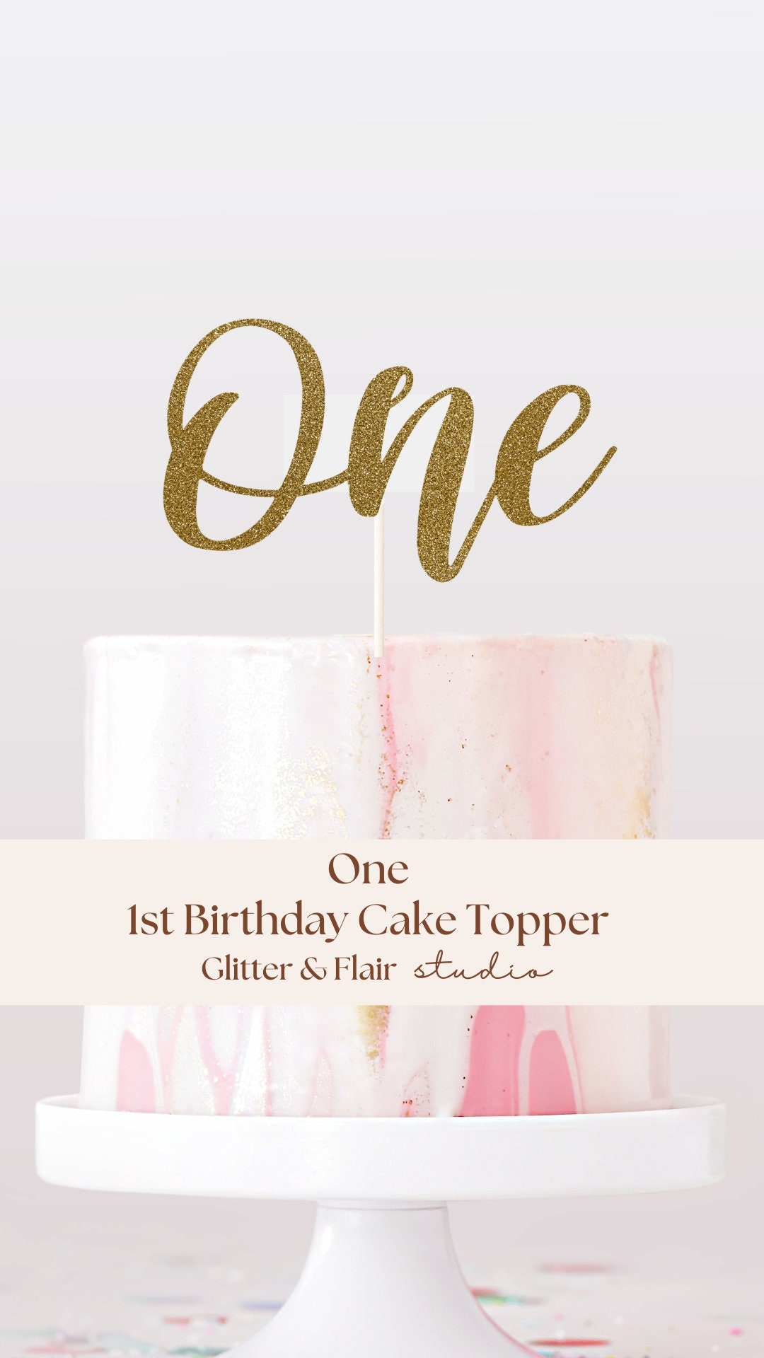 "ONE" First Birthday Cake Topper - Wooden Gold Glitter Topper For Cake Smash & Photo Props