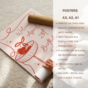May include: A light pink poster featuring red line art of a cocktail glass containing two hearts with a ribbon bow. The text reads Welcome to April's 21st Birthday Party in a cursive script. The poster is printed on 260gsm satin matt paper.