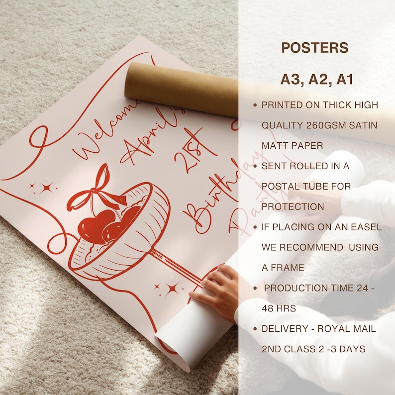 May include: A light pink poster featuring red line art of a cocktail glass containing two hearts with a ribbon bow. The text reads Welcome to April's 21st Birthday Party in a cursive script. The poster is printed on 260gsm satin matt paper.