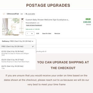 Puede incluir: Una captura de pantalla de interfaz digital titulada POSTAGE UPGRADES que muestra un listado de producto para un letrero de bienvenida de baby shower con gr&aacute;ficos de eucalipto. Un men&uacute; desplegable muestra opciones de env&iacute;o y el texto YOU CAN UPGRADE SHIPPING AT THE CHECKOUT.