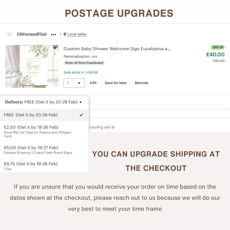 Puede incluir: Una captura de pantalla de interfaz digital titulada POSTAGE UPGRADES que muestra un listado de producto para un letrero de bienvenida de baby shower con gr&aacute;ficos de eucalipto. Un men&uacute; desplegable muestra opciones de env&iacute;o y el texto YOU CAN UPGRADE SHIPPING AT THE CHECKOUT.