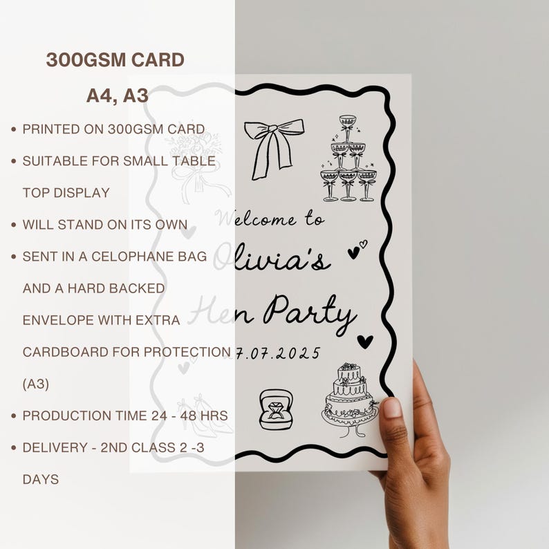 May include: A white card with black text and illustrations, held by a hand. The card reads "Welcome to Olivia's Hen Party 7.07.2025" with images of champagne glasses, a bow, a cake, and a ring.