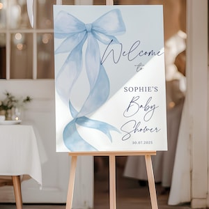 Letrero de bienvenida personalizado para baby shower, tablero de entrada con lazo azul claro, póster con diseño coqueto, decoración personalizada para baby shower.