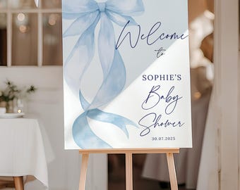 Custom Baby Shower Welcome Sign, Powder Blue Bow Themed Entrance Board,  Coquette Design Baby Shower Poster, Personalised Baby Shower Decor