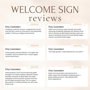Puede incluir: Una presentaci&oacute;n gr&aacute;fica titulada WELCOME SIGN reviews que muestra seis testimonios de clientes individuales. Cada rese&ntilde;a incluye el texto Etsy Customer, un icono de calificaci&oacute;n de cinco estrellas y comentarios escritos sobre calidad y servicio.