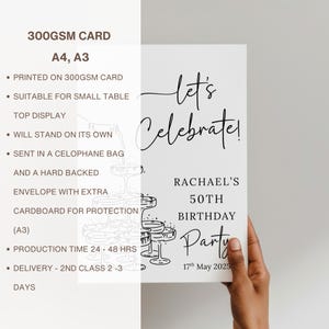 Puede incluir: Un letrero rectangular blanco impreso en cartulina de 300GSM con texto negro que dice Let's Celebrate! Rachael's 50th Birthday Party 17th May 2025. El dise&ntilde;o incluye una ilustraci&oacute;n de l&iacute;nea negra de una torre de copas de champ&aacute;n.