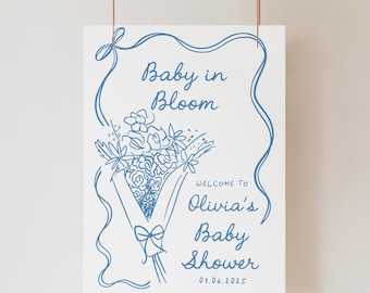Baby in Bloom Baby Shower Welcome Sign, Personalised Baby Boy Baby Shower Poster, Blue Flower Bouquet Entrance Board, Elegant Party Decor