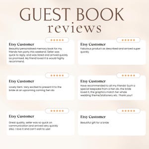 Op de afbeelding: Een grafische weergave met de titel GUEST BOOK reviews met zes individuele klantbeoordelingen. Elke beoordeling bevat de tekst Etsy Customer, een vijfsterrenbeoordeling en schriftelijke feedback over een gepersonaliseerd herinneringsboek.
