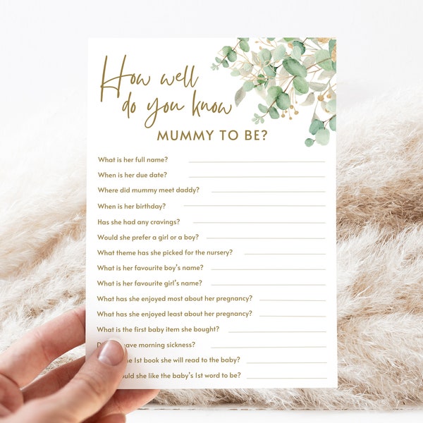 Printable Baby Shower Game How well Do you know Mummy to Be? Activity for Baby Shower Idea Gender Reveal Greenery and Gold Eucalyptus Shower