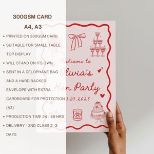 May include: A pink hen party card with a red border, featuring illustrations of a bow, champagne glasses, a cake, and a ring. The card reads "Welcome to Olivia's Hen Party 7.07.2025". Printed on 300GSM card, suitable for a small table.