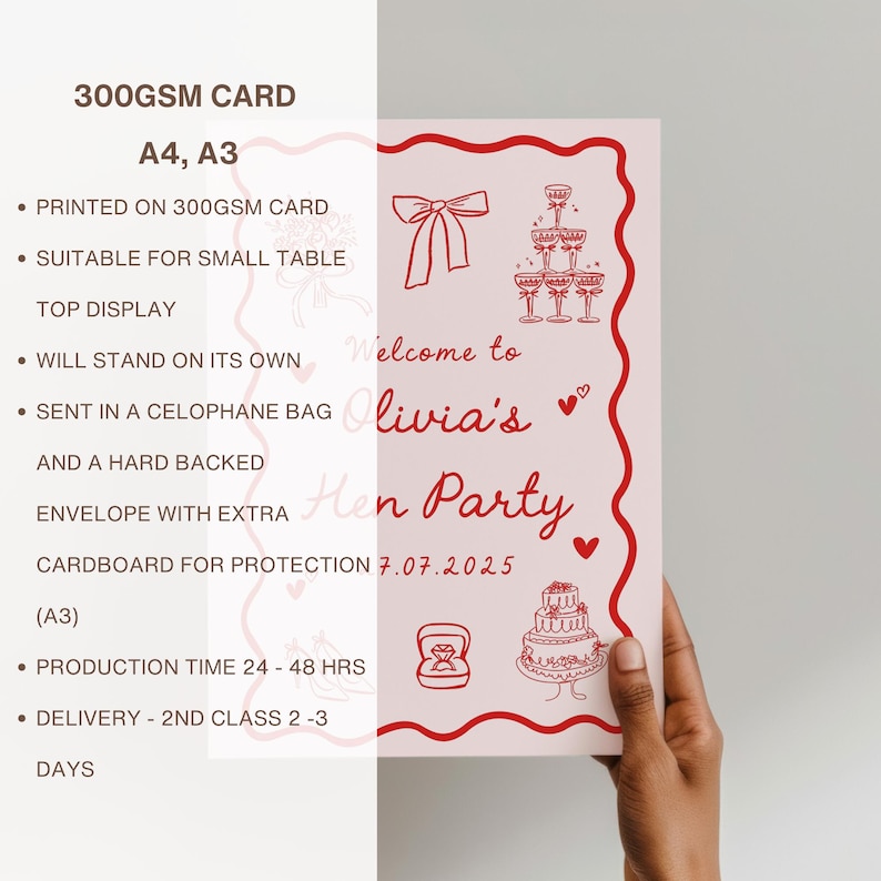 May include: A pink hen party card with a red border, featuring illustrations of a bow, champagne glasses, a cake, and a ring. The card reads "Welcome to Olivia's Hen Party 7.07.2025". Printed on 300GSM card, suitable for a small table.
