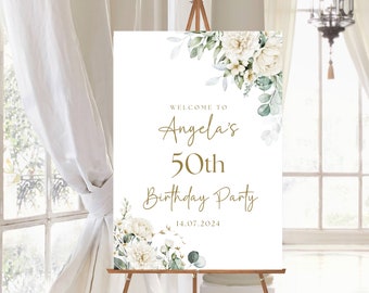 Custom Birthday Party Welcome Sign White Rose and Eucalyptus  Happy Birthday  Poster Any Age Birthday  Welcome Board Eucalyptus  Gold  White