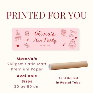 K&ouml;nnte beinhalten: Ein rechteckiges rosa Banner in 30 mal 90 cm mit roten Strichzeichnungen von Sektgl&auml;sern, einer Ringbox, einem Blumenstrau&szlig;, einer Schleife, High Heels und einer Torte. Der Text lautet Olivia's Hen Party und 27.07.2025 in roter Schreibschrift.