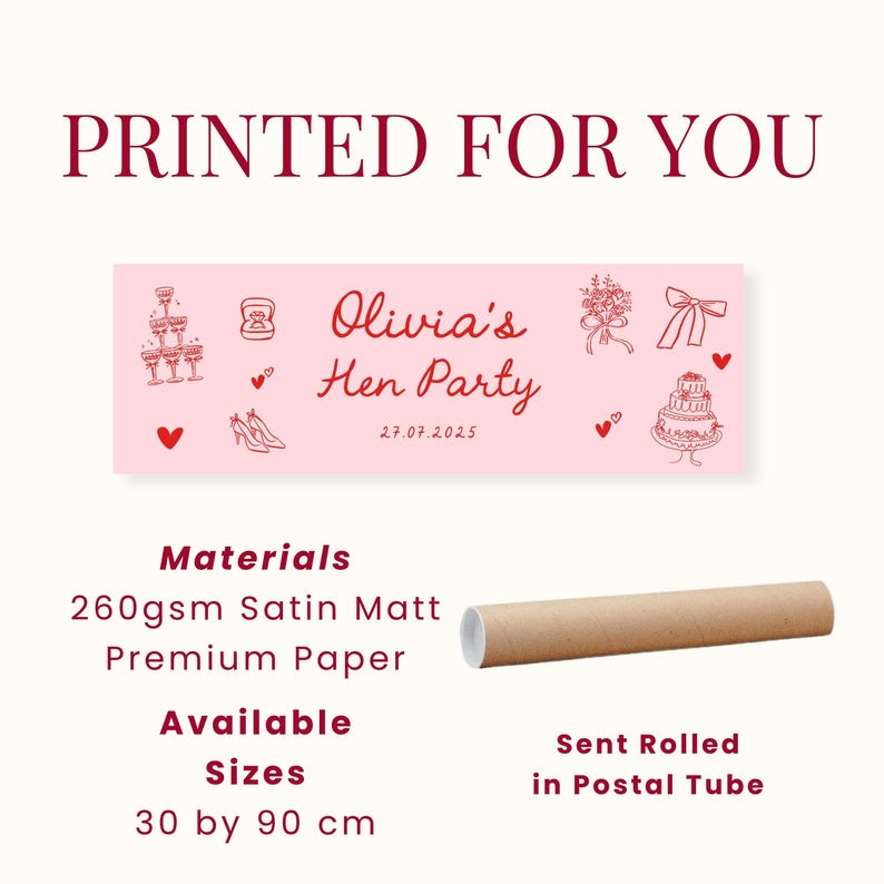 K&ouml;nnte beinhalten: Ein rechteckiges rosa Banner in 30 mal 90 cm mit roten Strichzeichnungen von Sektgl&auml;sern, einer Ringbox, einem Blumenstrau&szlig;, einer Schleife, High Heels und einer Torte. Der Text lautet Olivia's Hen Party und 27.07.2025 in roter Schreibschrift.