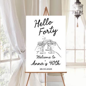 May include: A white rectangular sign on a wooden easel featuring black text that reads Hello Forty, Welcome to Anna's 40th, and 28.06.2026. The center graphic shows line art of three hands holding martini glasses with a small star icon above them.