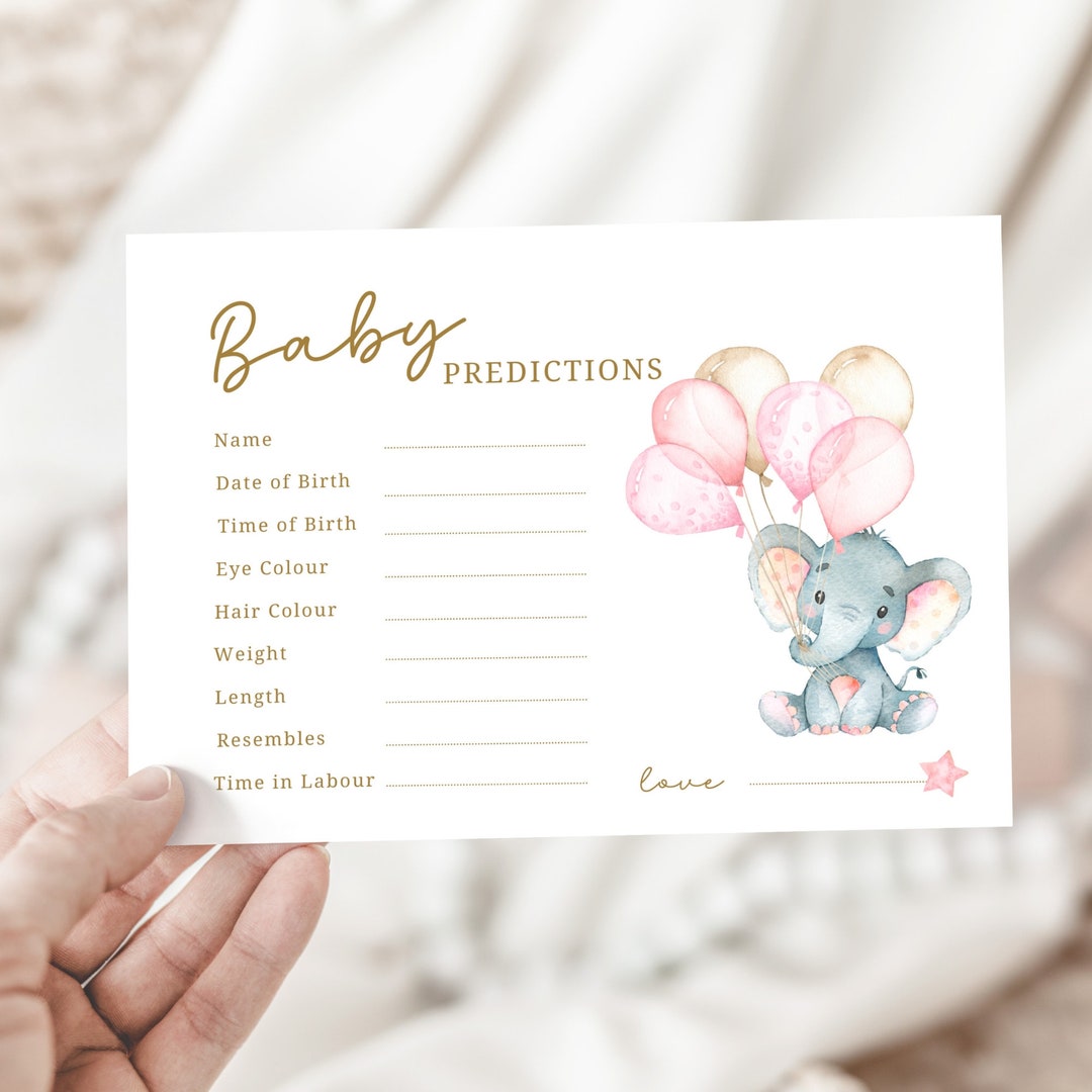 Baby Prediction Cards Baby Shower Activity Baby Girl Pink Elephant Baby ...