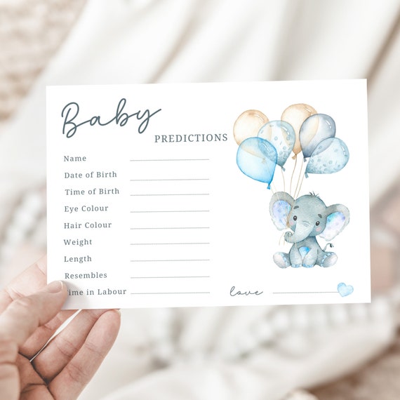 Baby Prediction Cards Baby Shower Activity Baby Boy Blue Elephant Baby Shower Idea Elephant Theme PDF/Printed Baby Prediction Game