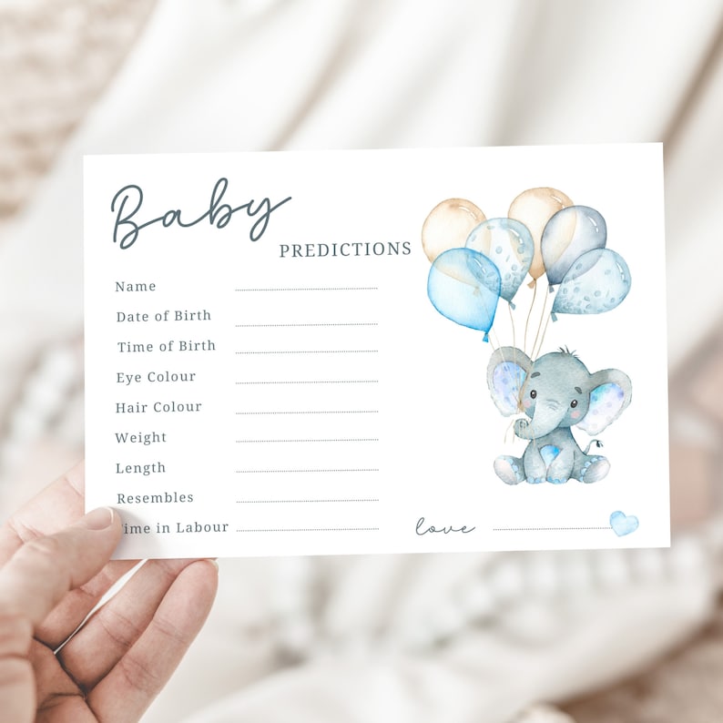 Baby Prediction Cards Baby Shower Activity Baby Boy Blue Elephant Baby Shower Idea Elephant Theme PDF/Printed Baby Prediction Game bild 1