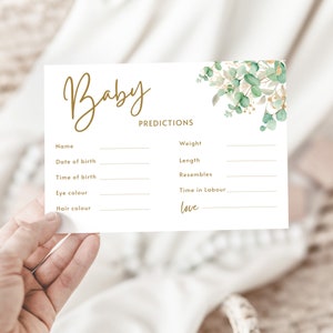 Tarjetas de predicción para bebés Actividad de baby shower Género Revelar idea Verde Dorado Eucalipto Baby Shower Juego de adivinanzas imprimible ¿Qué será el bebé?