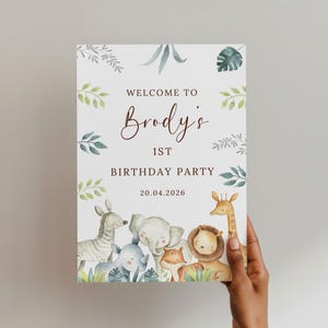 Personalised Safari First Birthday Party Sign Jungle Safari Wild One 1st Birthday Welcome Sign Baby Boy Age One Custom name Welcome Board image 9