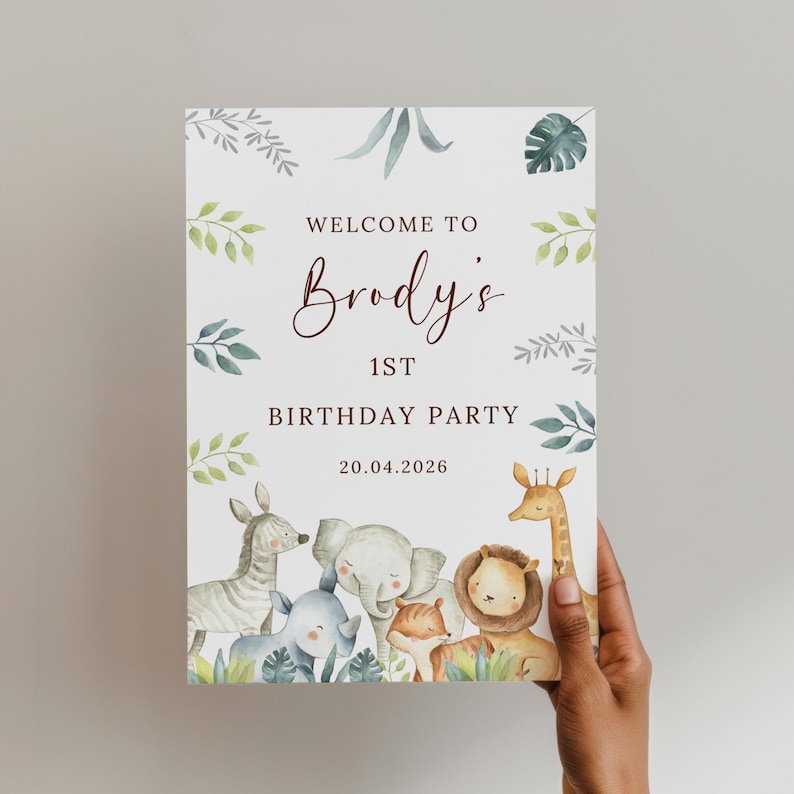Personalised Safari First Birthday Party Sign Jungle Safari Wild One 1st Birthday Welcome Sign Baby Boy Age One Custom name Welcome Board image 9