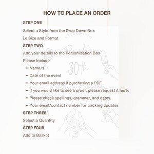 Puede incluir: Una gu&iacute;a de instrucciones titulada HOW TO PLACE AN ORDER con cuatro pasos para la personalizaci&oacute;n. Incluye campos para seleccionar estilo, tama&ntilde;o, formato y cantidad, adem&aacute;s de una lista de detalles requeridos como nombres y fechas de eventos.