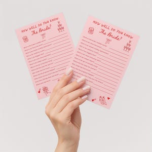 ¿Cuánto conoces a la novia? Juego para despedida de soltera, Quiz rosa y rojo para despedida de soltera, ¿Quién conoce mejor a la novia?, Tarjetas impresas para despedida de soltera, Fin de semana de despedida de soltera