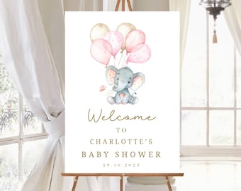 Custom Baby Shower Welcome Sign Pink Balloon Baby Elephant Welcome Sign Girl Baby Shower Decorations Personalised Baby Shower Welcome Poster