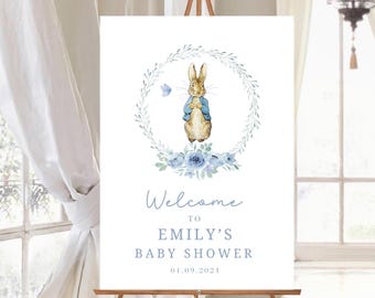 Custom Peter Rabbit Baby Shower Welcome Sign Baby Boy Shower Blue Peter Rabbit Theme Personalised Baby Shower Board Blue and White Decor
