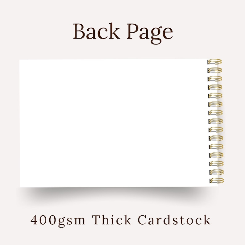 May include: A white notepad with a gold spiral binding. The words "Back Page" are printed in brown at the top, and "400gsm Thick Cardstock" is printed at the bottom. The notepad is on a light beige background.