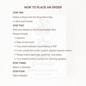 May include: White card with instructions on how to place an order. Text includes steps, such as selecting a style, adding details, and selecting a quantity. A 30th birthday theme is present, with the name "Rachael's" and the date 22.03.2025.