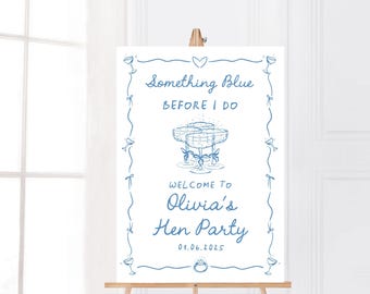 Personalised Hen Party Welcome Sign, Something Blue Before I Do, Blue Cocktail Design with Bow Border, Bridal Shower Poster, Hen Do Decor