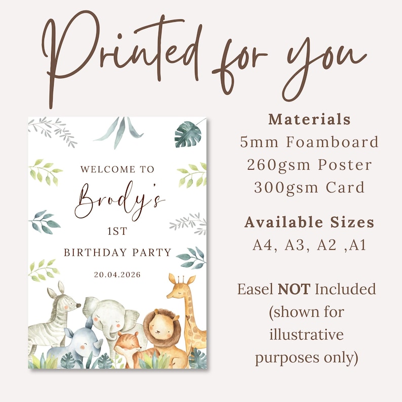 Personalised Safari First Birthday Party Sign Jungle Safari Wild One 1st Birthday Welcome Sign Baby Boy Age One Custom name Welcome Board image 2