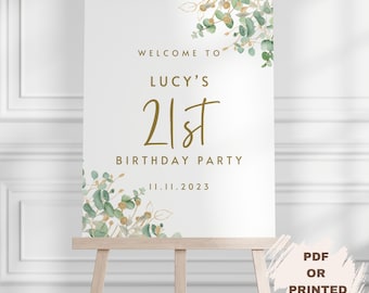 Personalised 21st Birthday Party Sign Green and Gold Custom Name 21st Birthday Welcome Sign Printed or PDF Welcome Poster Entrance Sign
