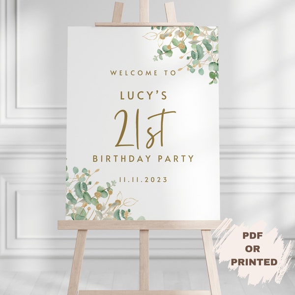 Personalised 21st Birthday Party Sign Green and Gold Custom Name 21st Birthday Welcome Sign Printed or PDF Welcome Poster Entrance Sign