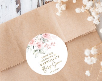 Pegatinas personalizadas para baby shower, pegatinas florales rosas para recuerdo de niña, pegatinas de agradecimiento personalizadas para bautizo de niña.