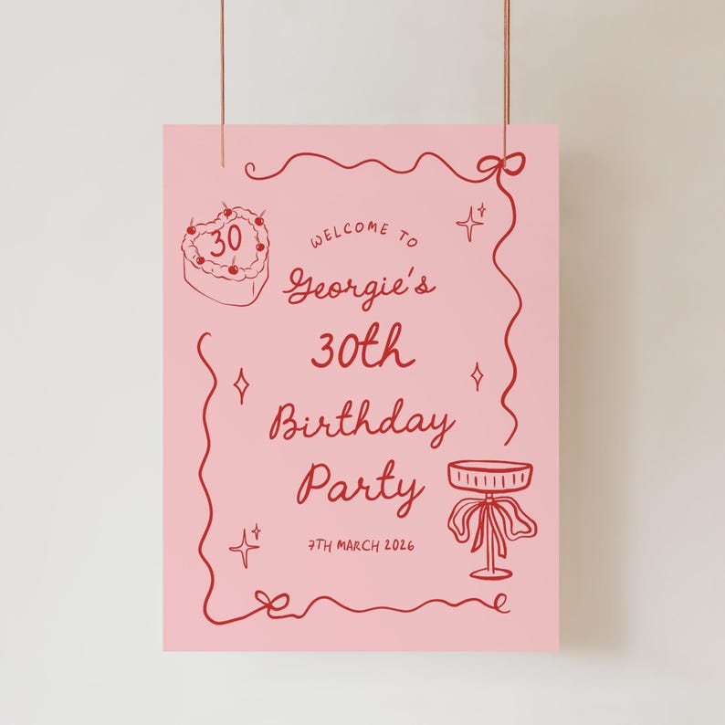 K&ouml;nnte beinhalten: Ein rosa Geburtstagsparty-Schild mit roten Illustrationen und Text. Auf dem Schild steht "Willkommen zu Georgies 30. Geburtstagsparty" mit einem Kuchen und einem dekorativen St&auml;nder. Das Datum "7. M&auml;rz 2026" ist ebenfalls angegeben.