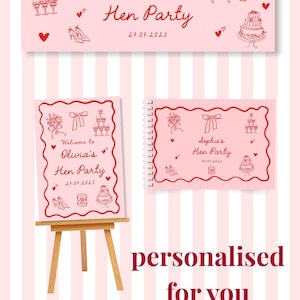 K&ouml;nnte beinhalten: Ein Set aus rosafarbenen Schreibwaren mit roten Strichzeichnungen von einem Champagnerturm, einer Ringbox, einem Blumenstrau&szlig;, einer Schleife, High Heels und einer Torte. Der Text umfasst Olivia's Hen Party, 27.07.2025, Welcome to und Sophie's Hen Party, 30.07.2026.