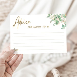 Advies voor toekomstige mama-kaarten Afdrukbare advieskaarten voor babyshowers Babyshoweractiviteit Groen Goud Eucalyptusthema Babyshoweraandenken
