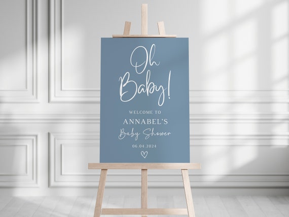 Custom Dusky Blue Baby Shower Welcome Sign Baby Boy Blue Baby Shower Sign Personalised Oh Baby Welcome Poster Baby Shower Entrance Board