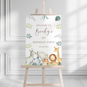 Personalised Safari First Birthday Party Sign Jungle Safari Wild One 1st Birthday Welcome Sign Baby Boy Age One Custom name Welcome Board image 8