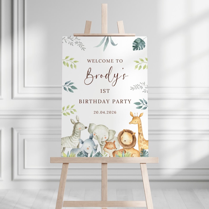 Personalised Safari First Birthday Party Sign Jungle Safari Wild One 1st Birthday Welcome Sign Baby Boy Age One Custom name Welcome Board image 8