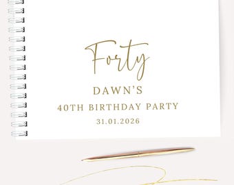 Personalised Birthday Guest Book for Any Age Custom Birthday Guestbook Elegant White and Gold Spiral Bound sizes A5 and A4